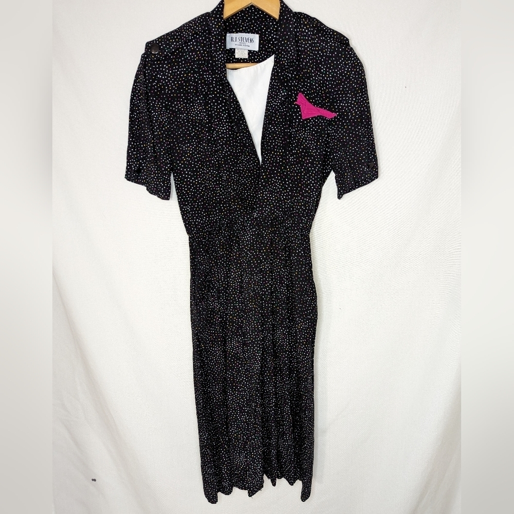 Vintage RJ Stevens by Carol Escritor Black Colorful Polka Dot Dress Sz 4 Pockets